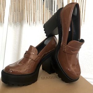 Steve Madden Patent Platform Penny Loafers Cognac Vegan Leather Kimberley